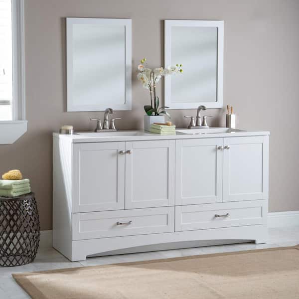 Glacier Bay Lancaster 60 in. W x 19 in. D x 33 in. H Double Sink Freestanding Bath Vanity in White with White Cultured Marble Top