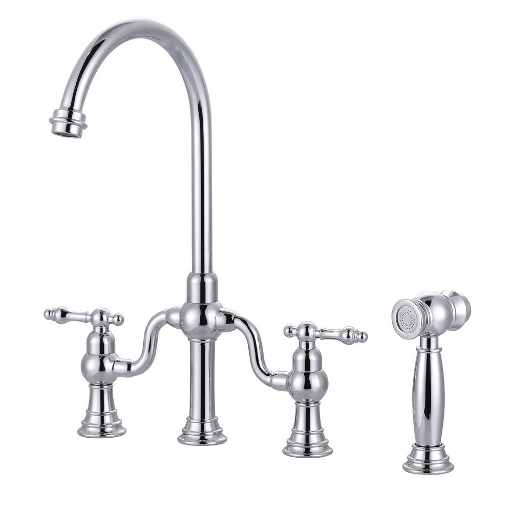 Double Handle Deck Mounted Brass Bridge Kitchen Faucet with Side Sprayer in Polished Chrome