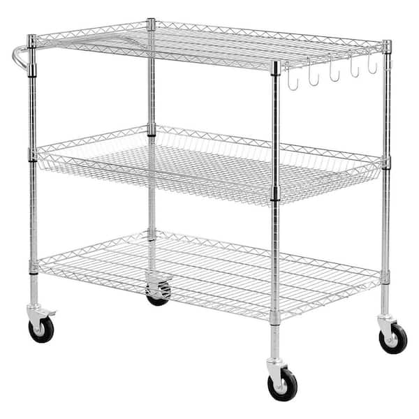 3‑Tier Chrome Plated Steel Wire 40 in. Kitchen Prep Table with Handle, Adjustable Shelves Rolling Utility Cart