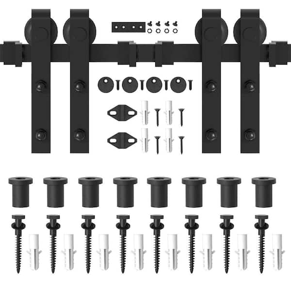 WINSOON 10 ft./120 in. Frosted Black Sliding Barn Door Hardware Track Kit for Double Doors with Non-Routed Floor Guide