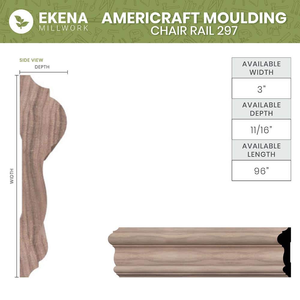 96" Unfinished Red Oak Solid Hardwood Chair Rail Moulding