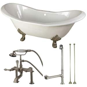 Double Slipper 72 in. Cast Iron Clawfoot Bathtub in White and Faucet Combo in Brushed Nickel