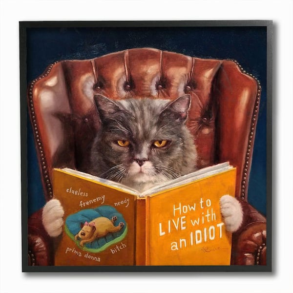 Stupell Industries "Angry Cat Reading Dog Book Feline Pet Humor" by Lucia Heffernan Framed Animal Wall Art Print 12 in. x 12 in.