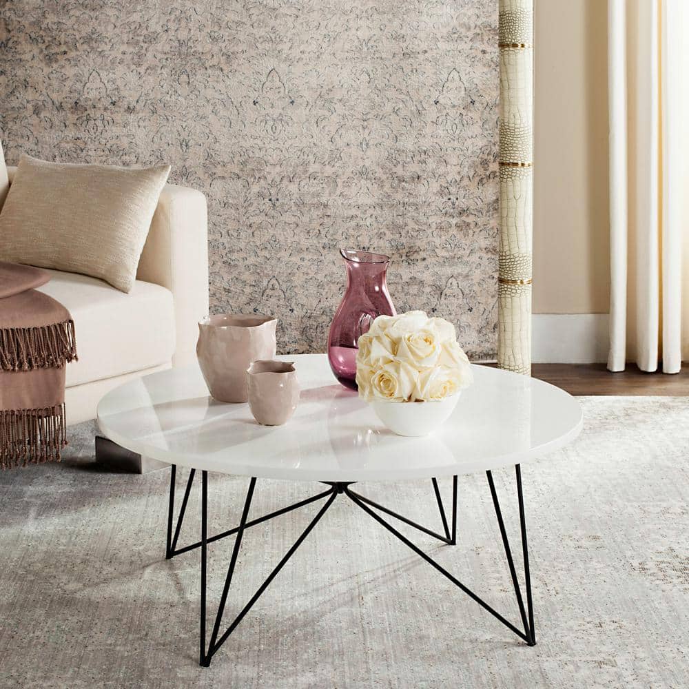 White Round Wood Coffee Table with Black Iron Base