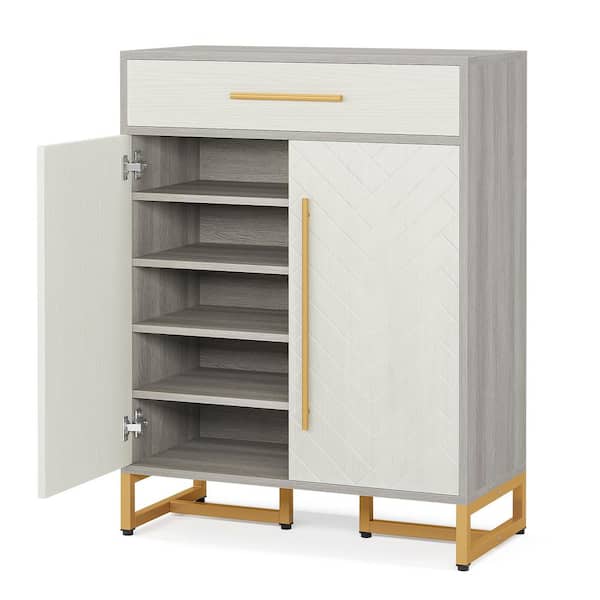 BYBLIGHT 39.4 in. H x 31.5 in. W White and Grey 20-Pair Shoe Storage Cabinet with Drawer and Door, Shoe Cabinet for Entryway