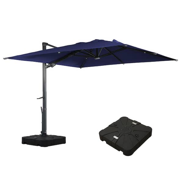 10 ft. Square Aluminum Cantilever Outdoor Tilt Patio Umbrella in Navy Blue with LED Light Base Weight Stand