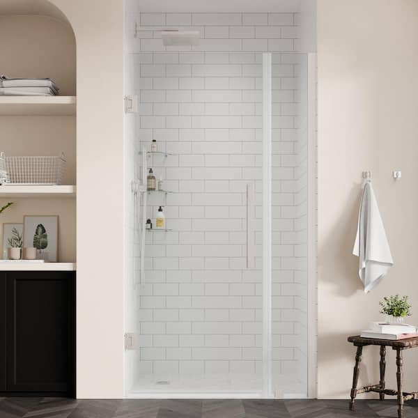 OVE Decors Tampa-Pro 33 1/16 in. W x 72 in. H Pivot Frameless Shower in Satin Nickel with Shelves