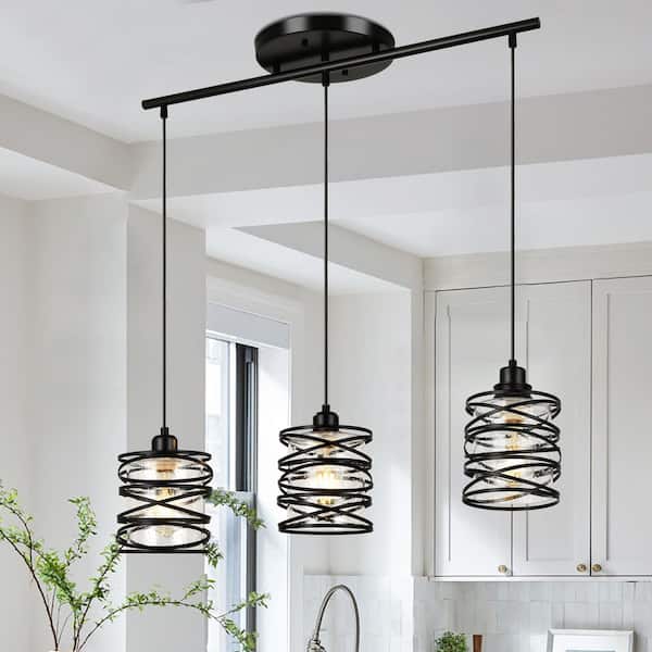 Jasslynn 40 Watt 3 Light Black Modern Linear Pendant Light with Cylinder Seeded Glass Shade for Kitchen