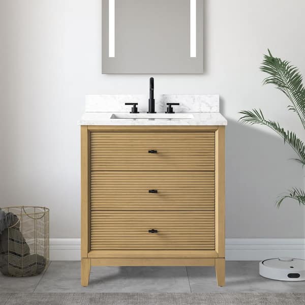 30 in. W x 22 in. D Single Sink Freestanding Natural Oak Bath Vanity Cabinet with White Engineered Marble Top