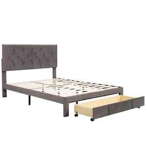 54 in.W Grey Full Size Velvet Upholstered Platform Bed with Big Storage Drawer and Classic Upholstered Headboard