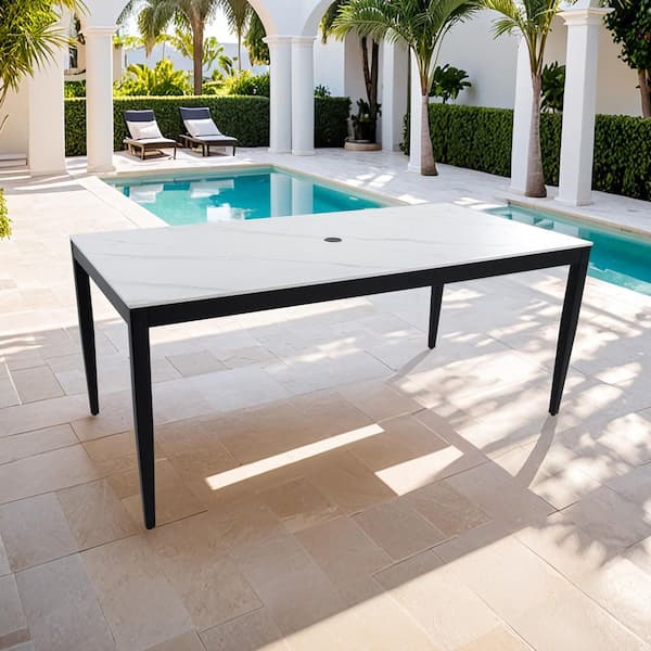 35.5 in. x 71 Black Outdoor Modern Patio Aluminum Dining Table, Greek White Marble Stone Top, Weatherproof Umbrella hole
