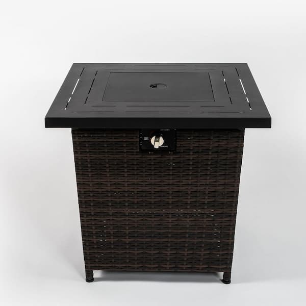 28 in. Propane Gas Fire Pit Table, 50000 BTU Square Steel Fire Pit with Beautiful Wicker Base in Black