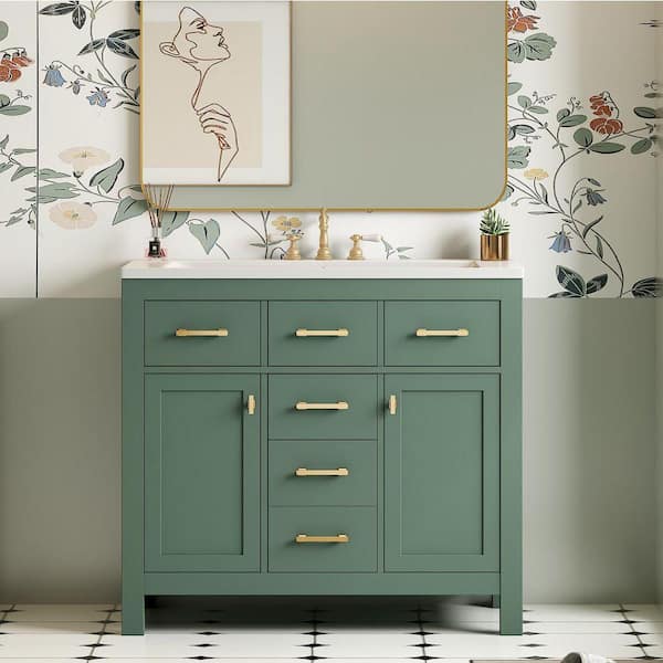 36 in. Single Sink Freestanding Green Solid Wood Framed Bath Vanity with White Ceramic Top, Gold Handles