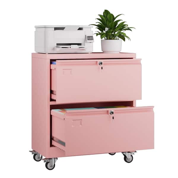 Hephastu 29 in. W x 34 in. H x 16 in. D Rolling 2-Drawer Metal Horizontal/Lateral Filing Storage Freestanding Cabinet in Pink