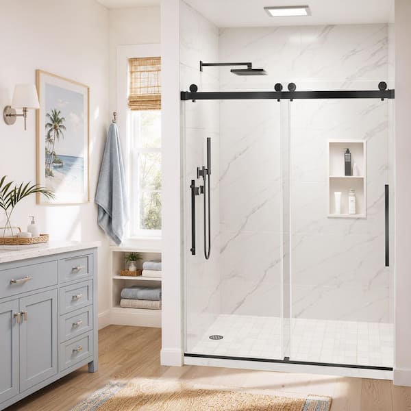 56-60 in. W x 76 in. H Semi Frameless Double Sliding Shower Door in Matte Black with 5/16 in. Nano-Coated Glass