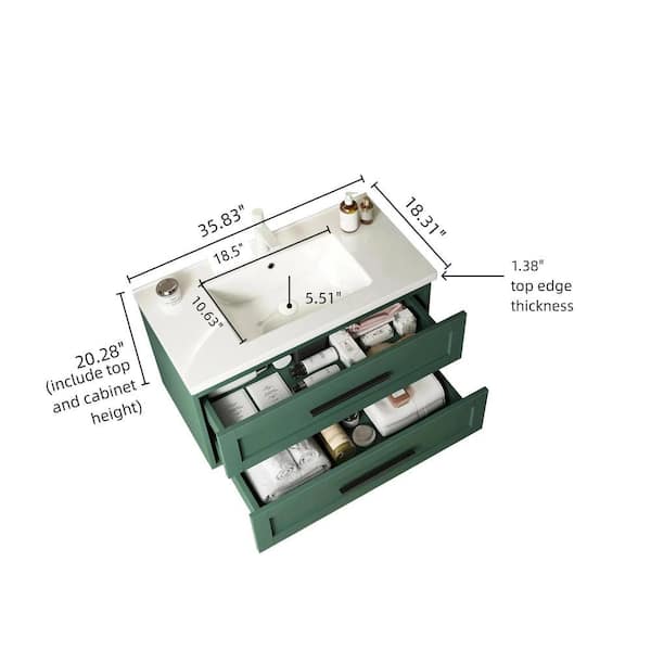 FAMYYT 36 in. Single Sink Floating Green Bath Vanity with White