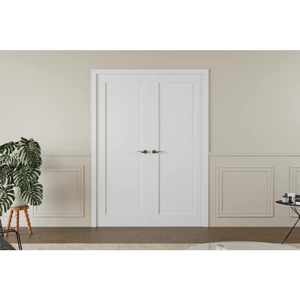 36 in. x 80 in. 1-Panel Froasted Glass Universal White Solid Core Wood Double Prehung French Door+ Quick Assemble Jamb