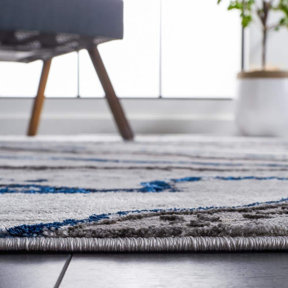 Grey and Blue Abstract Hand-knotted Rectangular Rug