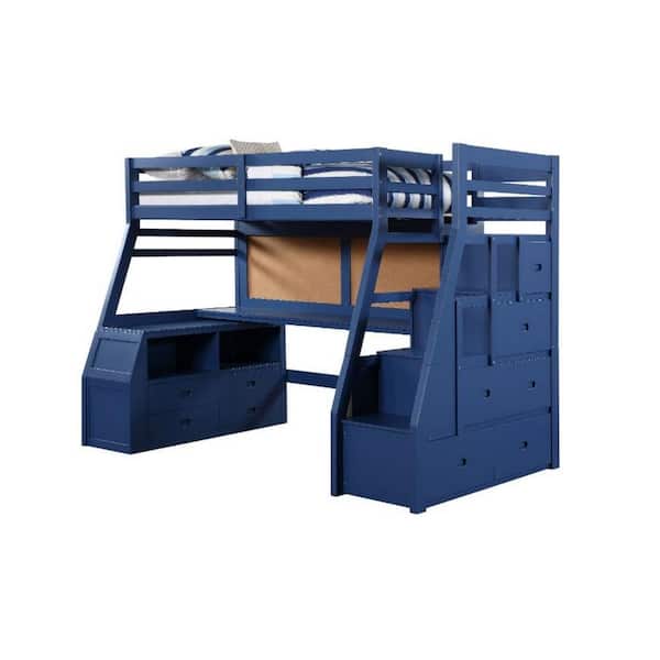 Benjara Blue Wood Frame Twin Platform Bed with 9-Drawers and