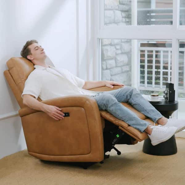 Edison Cognac Brown Leather Power Recliner Chair Zero Wall Hugger Home Theater Seating for Living Room (Set of 2)