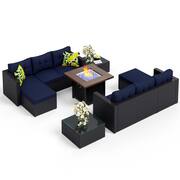 Black Rattan Wicker 6 Seat 7-Piece Steel Outdoor Fire Pit Patio Set with Blue Cushions and Square Fire Pit Table