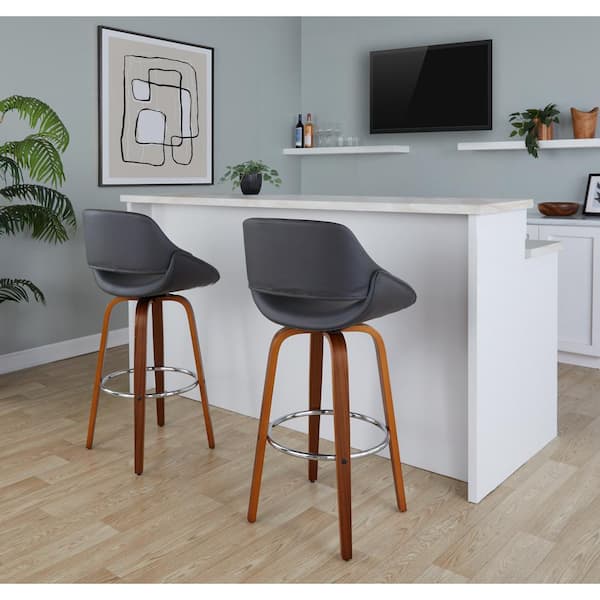 LumiSource Fabrico 29.5 in. Grey Faux Leather, Walnut Wood, and Chrome Metal Fixed-Height Bar Stool (Set of 2)