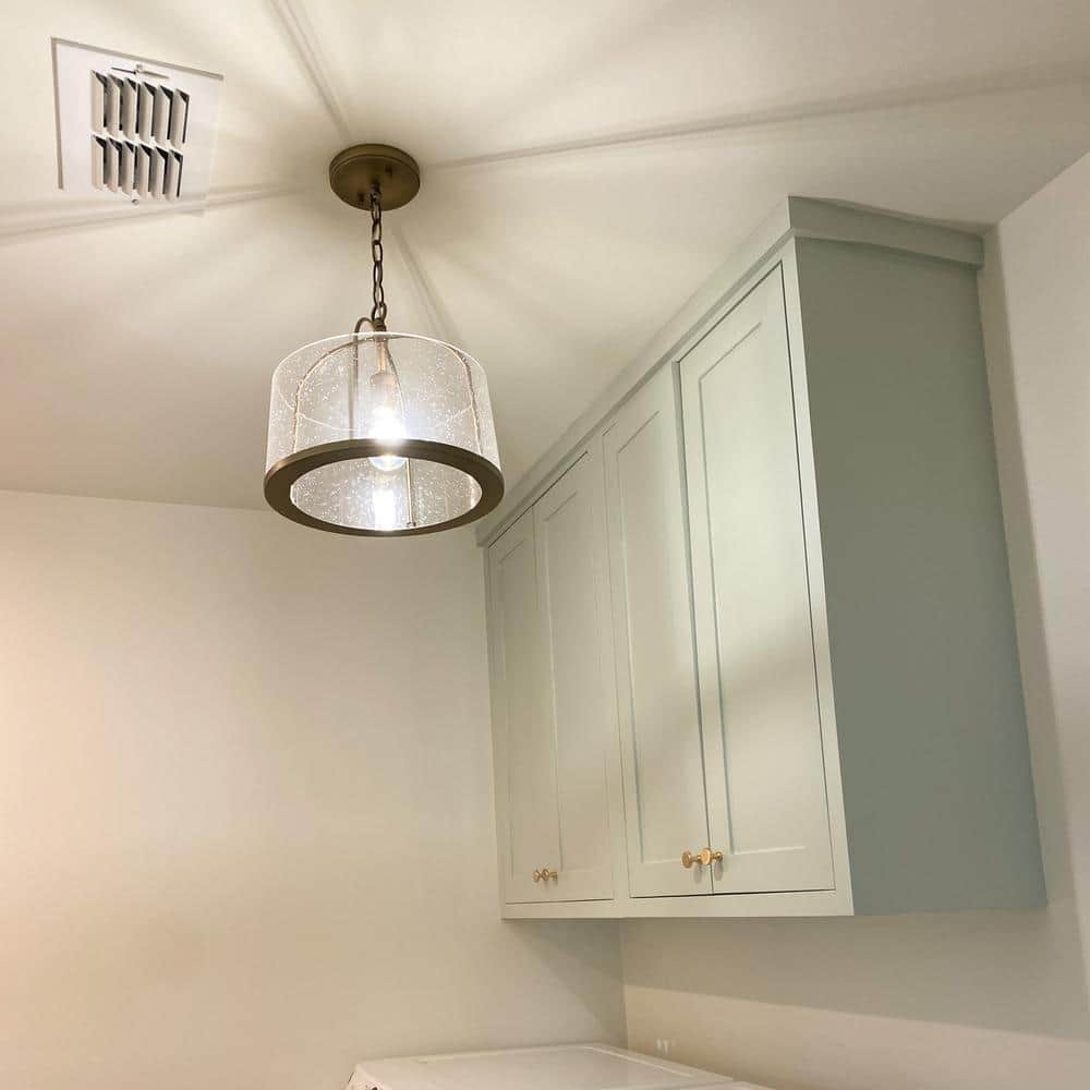 Aged Brass and Clear Seeded Glass Drum Pendant Light