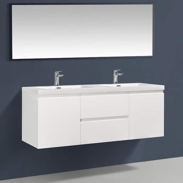 59.06 in. W x 19.69 in. D Wall-Mounted Bath Vanity in High Glossy White with White Glossy Resin Top