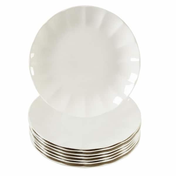 Set of 10 White Porcelain Salad and Dessert Plates with Stone Texture Design, 8-Inch Diameter, Microwave and Oven Safe