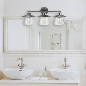 Nate 3-Light Brushed Steel Vanity Light With Clear Glass Shades and Bath Set