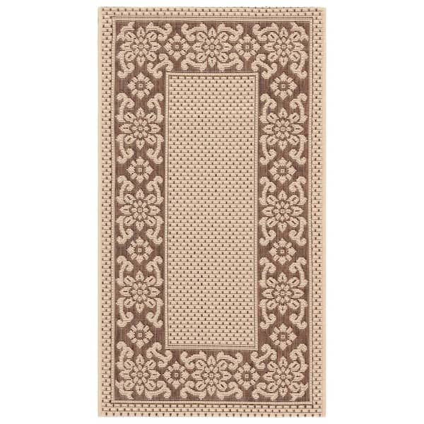 Courtyard Cream/Light Chocolate 2 ft. x 4 ft. Solid Color Floral Border Indoor/Outdoor Area Rug