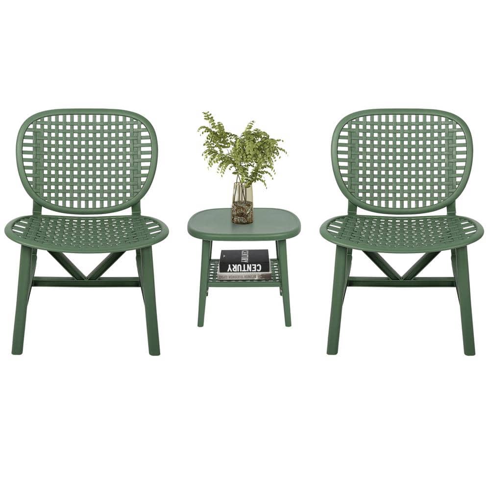 3-Pieces Green Polypropylene Hollow Design Retro Patio Table Chair Set Outd