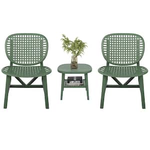 3-Pieces Green Polypropylene Hollow Design Retro Patio Table Chair Set Outdoor Table and Lounge Chairs with Widened Seat