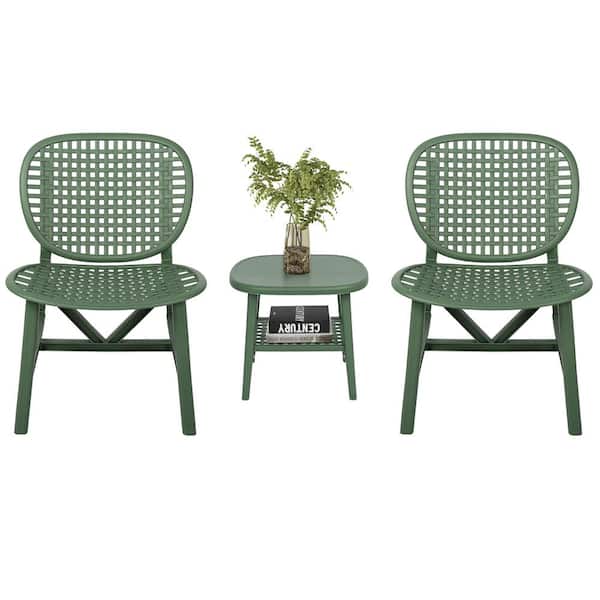Unbranded 3-Pieces Green Polypropylene Hollow Design Retro Patio Table Chair Set Outdoor Table and Lounge Chairs with Widened Seat