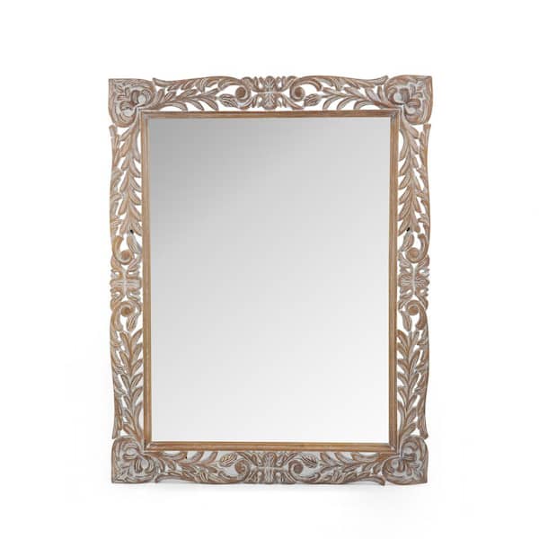 Noble House Gedney 46.5 in. x 37 in. Classic Rectangle Framed Weathered White Floral Accent Mirror