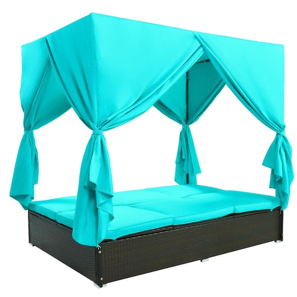 Sudzendf Patio Rattan Wicker Sunbed Outdoor Day Bed with Blue Cushions, Adjustable Seats with Canopy