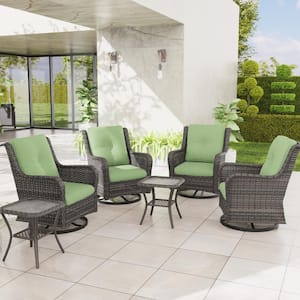 6-Piece Wicker Patio Conversation Set with All-Weather Swivel Rocking Chairs Green Cushions