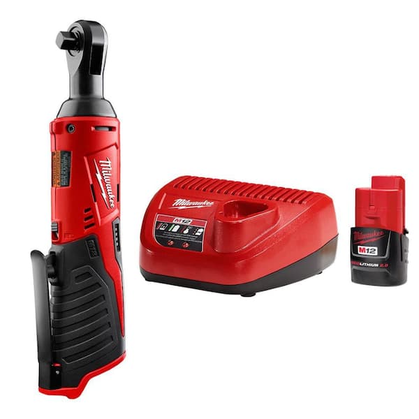 Milwaukee M12 12V Lithium-Ion 3/8 in. Cordless Ratchet (Tool-Only) with M12 2.0 Ah Starter Kit
