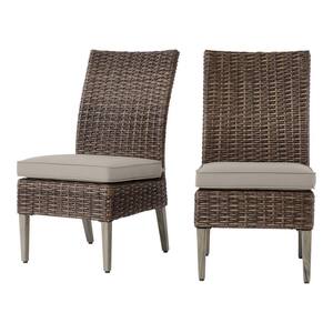 Rock Cliff Brown Stationary Wicker Outdoor Patio Armless Dining Chair with CushionGuard Riverbed Tan Cushions (2-Pack)