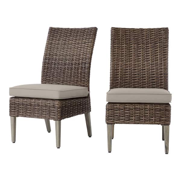 Hampton Bay Rock Cliff Brown Stationary Wicker Outdoor Patio Armless Dining Chair with CushionGuard Riverbed Tan Cushions (2-Pack)