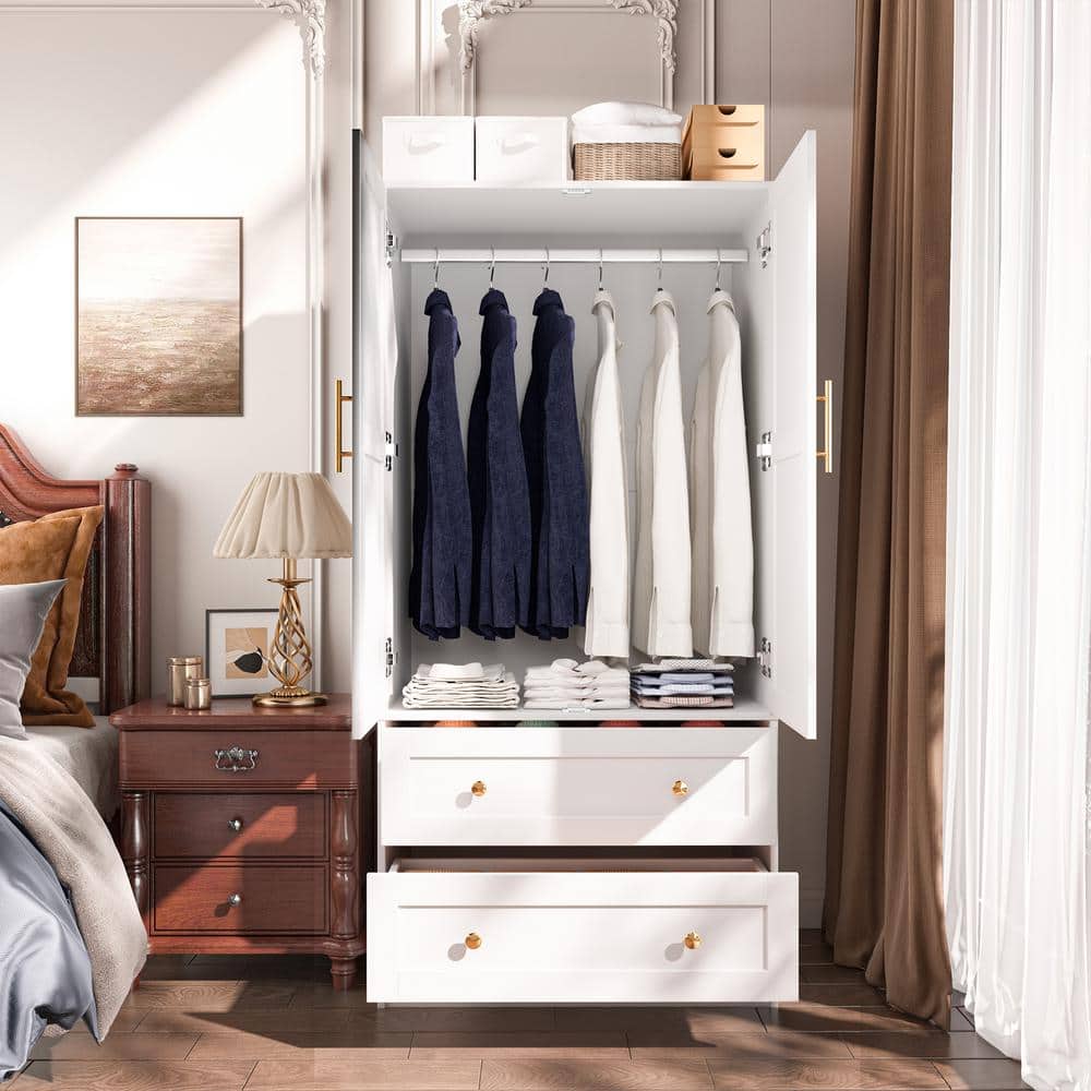 White Shaker Style Two-Door Armoire with Gold Handles