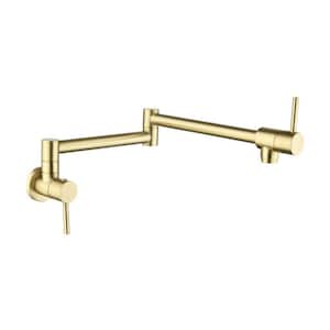 Double Switch Handle Foldable and Rotatable Wall Mounted Kitchen Pot Filler with Aerator & Cross Handle in Brushed Gold