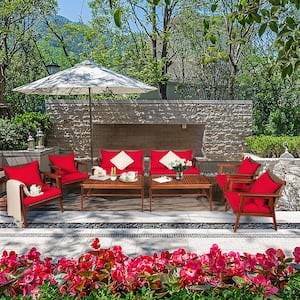 4-Piece Acacia Wood Patio Conversation Set with Zippered Red Cushions and Rattan Seat Back