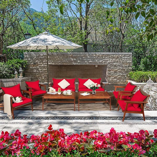 ANGELES HOME 4-Piece Acacia Wood Patio Conversation Set with Zippered Red Cushions and Rattan Seat Back