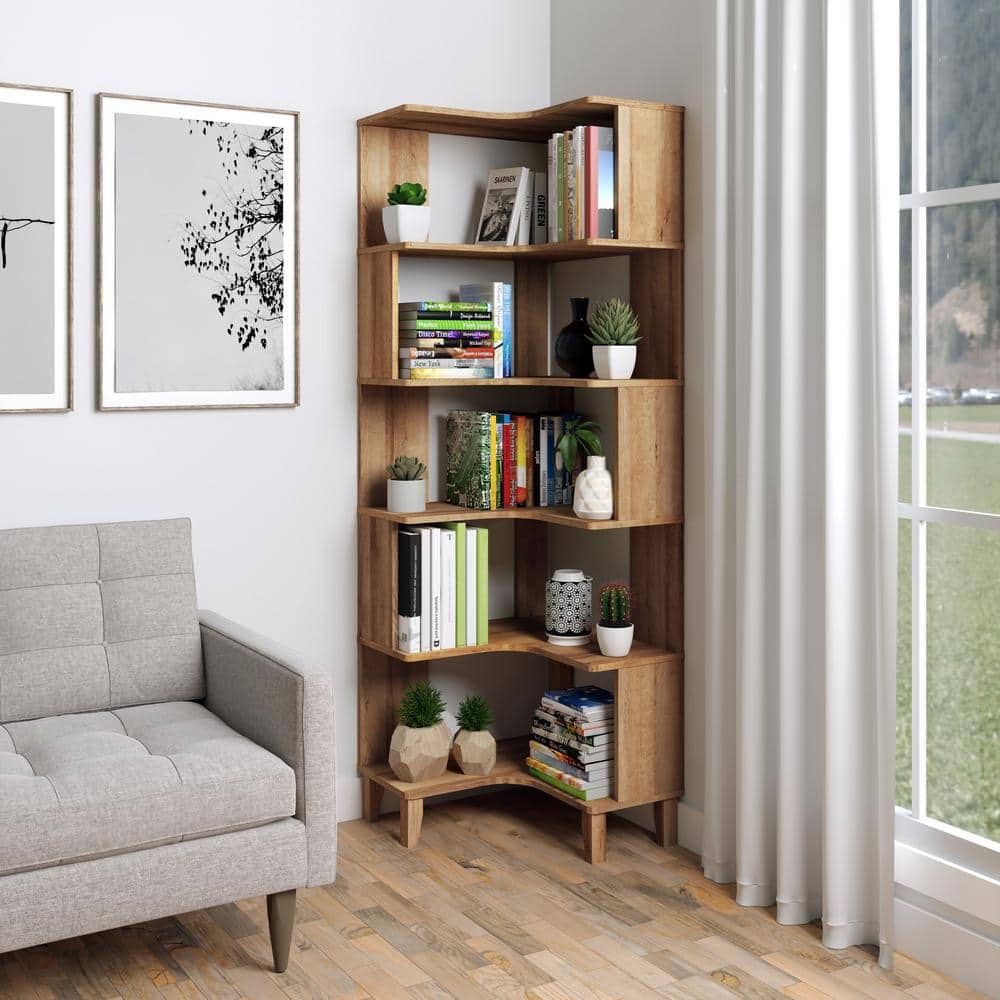 Natural Oak 6-Tier Corner Wood Bookcase with Open Back