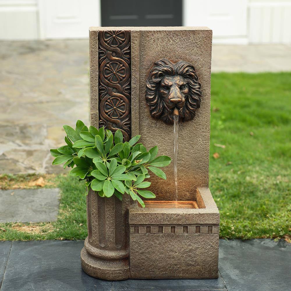 Sandstone Resin Lion Head Outdoor Water Fountain with Lights