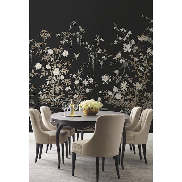 Ronald Redding Black Flowering Vine Chino Wall Mural Unpasted Paper Matte Mural 25.25 in. x 10.2 ft.