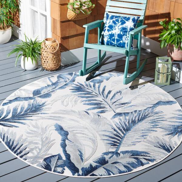 Cabana Ivory/Navy 6 ft. x 6 ft. High-Low Leaf Indoor/Outdoor Round Area Rug