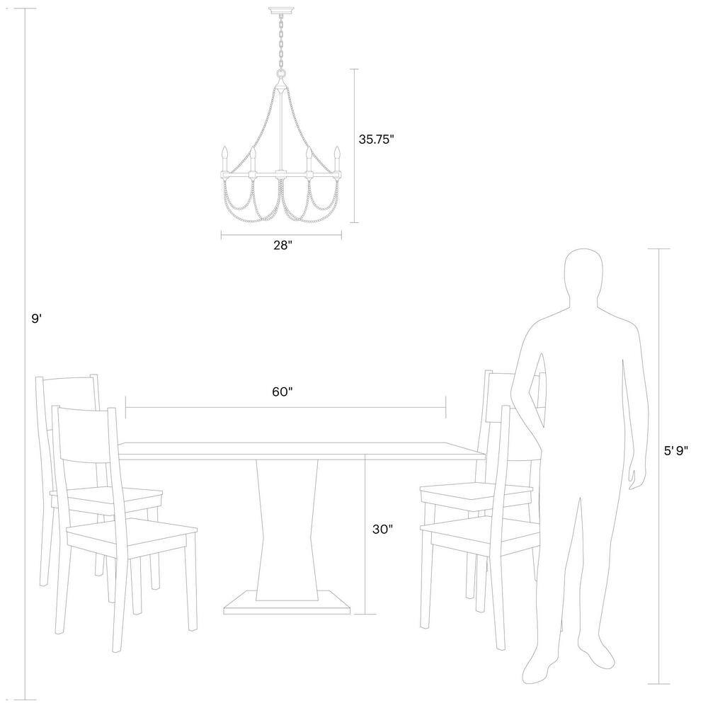 Beverly 28" French Washed Oak & Distressed White 6-Light Chandelier