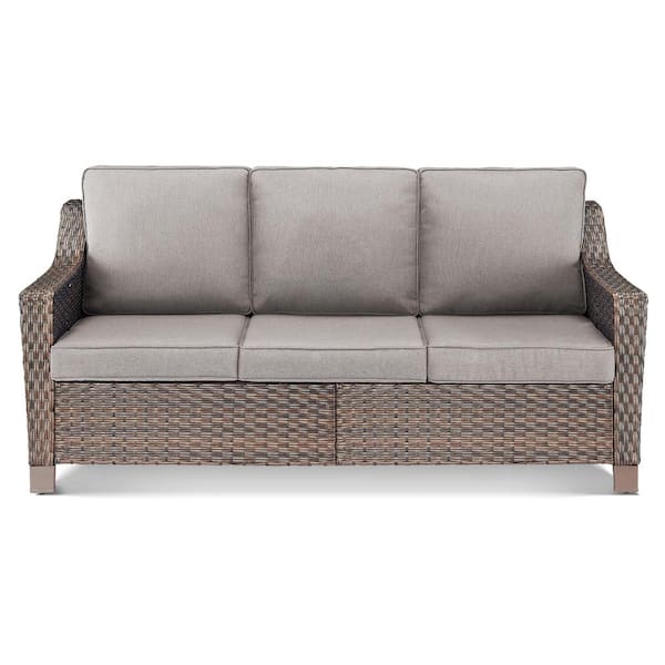 LittleRock 74 in. Brown Wicker 3-Seat Sofa 1-Piece Outdoor Couch with Cushion Guard Gray Cushions